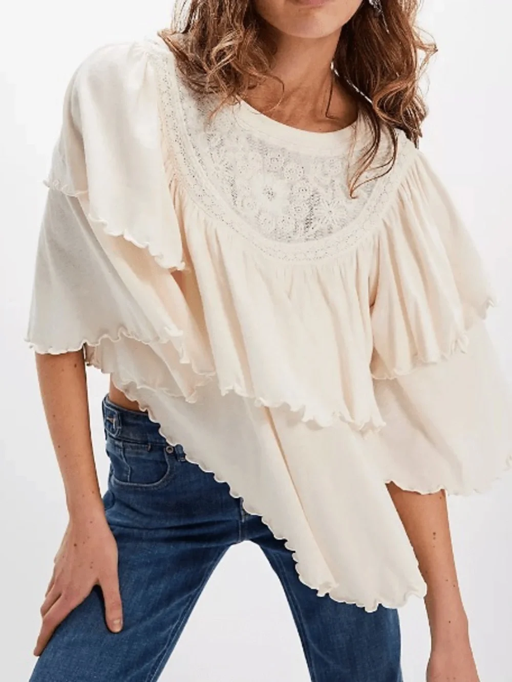 Free People Rose Party Tee – XL – White – Like New Boho Tiered Cream Peasant Top